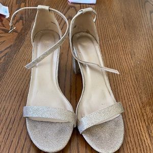 Sparkly gold heels, chunky heel, worn once